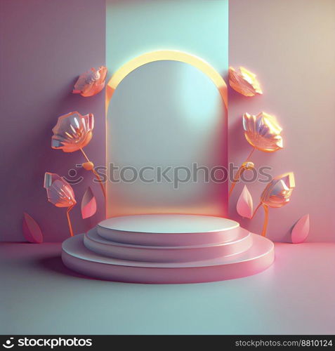 Luxury podium 3d illustration with elegant pink color and abstract flower wreath ornament for product display