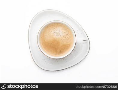 Luxury porcelain cup of fresh creamy coffee on white.