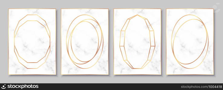 Luxury posters set with white marble texture and gold circular frames. Vintage templates in art deco style: cards, banners, brochures, flyers etc. Perfect for wedding invitations, party flyers etc.. Luxury posters set with white marble texture and gold circular frames.