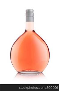 Luxury round bottle of pink rose wine on white background
