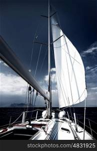 Luxury sailboat, romantic travel in the evening on sail yacht, sea cruise on expensive water transport, summer vacation and holidays concept