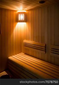 Luxury Sauna room with traditional sauna accessories