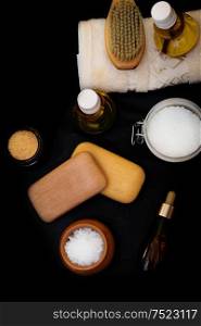 luxury Set of spa products with accessoires on black background