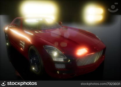 luxury sport car in dark studio with bright lights