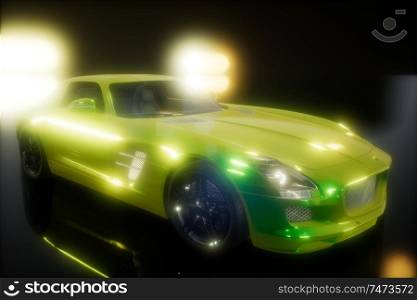 luxury sport car in dark studio with bright lights