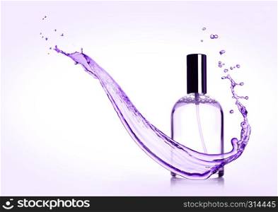 Luxury violet purple liquid perfume bottle with splashes on purple background