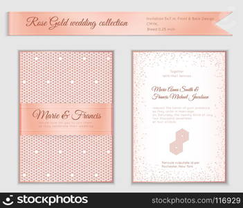 Luxury wedding invitation template with rose gold shiny realistic ribbon. Back and front 5x7 card layout with pink golden pattern on white. Isolated. Design for bridal shower, save the date, banner.