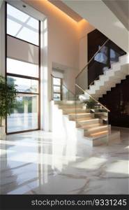 Luxury white marble L shape stairway with glass. Interior background. Generative AI