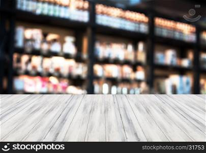 Luxury white top wooden with blurred coffee shop background. product display template