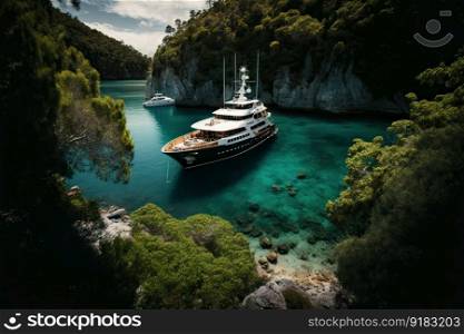 luxury yacht anchored in secluded cove, surrounded by lush gree≠ry, created with≥≠rative ai. luxury yacht anchored in secluded cove, surrounded by lush gree≠ry