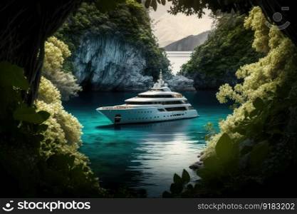 luxury yacht anchored in secluded cove, surrounded by lush greenery, created with generative ai. luxury yacht anchored in secluded cove, surrounded by lush greenery