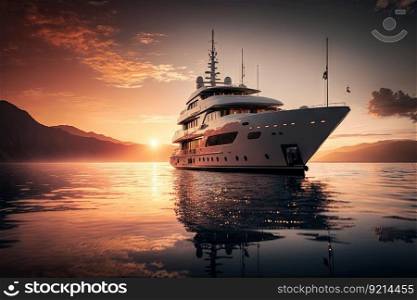 luxury yacht at anchor in tranquil waters, with sunset in the background, created with generative ai. luxury yacht at anchor in tranquil waters, with sunset in the background