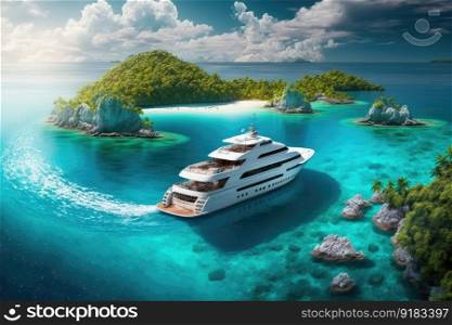 luxury yacht cruising the crystal-clear waters of a tropical paradise, created with generative ai. luxury yacht cruising the crystal-clear waters of a tropical paradise