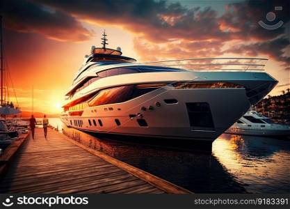 luxury yacht docked at marina, with colorful sunset in background, created with generative ai. luxury yacht docked at marina, with colorful sunset in background