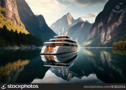 luxury yacht docked in crystal-clear river, with mountains visible in the background, created with generative ai. luxury yacht docked in crystal-clear river, with mountains visible in the background
