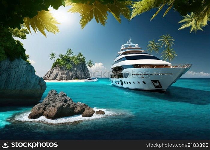 luxury yacht sailing along the coast of tropical island, with palm trees in the background, created with generative ai. luxury yacht sailing along the coast of tropical island, with palm trees in the background