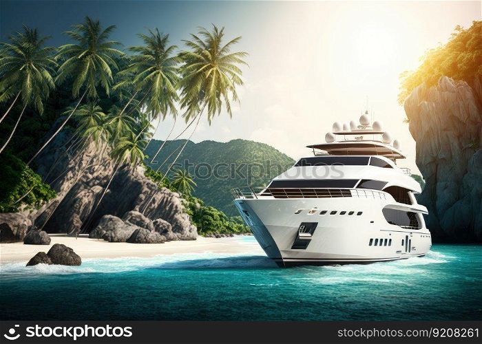 luxury yacht sailing along the coast of tropical island, with palm trees in the background, created with generative ai. luxury yacht sailing along the coast of tropical island, with palm trees in the background