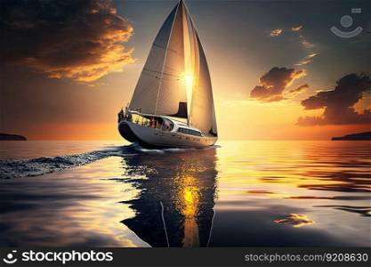 luxury yacht sailing on calm, crystal-clear ocean with view of tranquil sunset, created with generative ai. luxury yacht sailing on calm, crystal-clear ocean with view of tranquil sunset