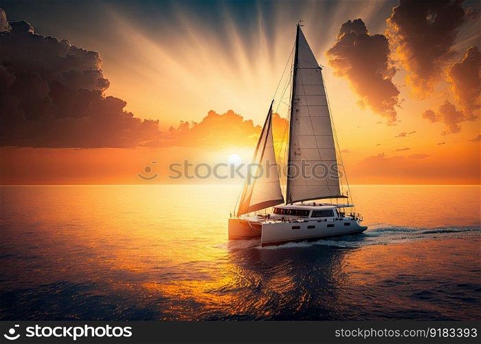 luxury yacht sailing on calm ocean, with view of the sunset in the background, created with generative ai. luxury yacht sailing on calm ocean, with view of the sunset in the background