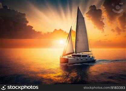 luxury yacht sailing on calm ocean, with view of the sunset in the background, created with generative ai. luxury yacht sailing on calm ocean, with view of the sunset in the background