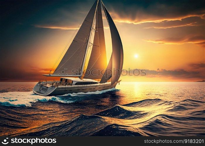 luxury yacht sailing the sea, with beautiful sunset in the background, created with generative ai. luxury yacht sailing the sea, with beautiful sunset in the background