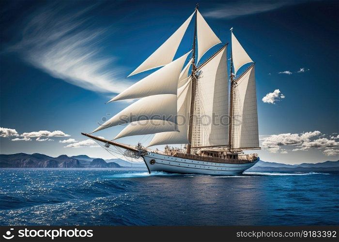 luxury yacht sailing with full sail in serene waters, surrounded by blue skies, created with generative ai. luxury yacht sailing with full sail in serene waters, surrounded by blue skies