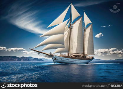 luxury yacht sailing with full sail in serene waters, surrounded by blue skies, created with generative ai. luxury yacht sailing with full sail in serene waters, surrounded by blue skies