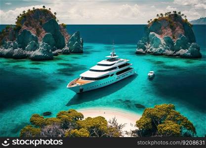 luxury yacht sails past idyllic island beach with crystal-clear water, created with generative ai. luxury yacht sails past idyllic island beach with crystal-clear water