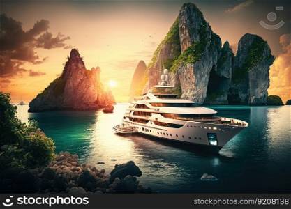 luxury yacht surrounded by spectacular tropical island, with sunset in the background, created with generative ai. luxury yacht surrounded by spectacular tropical island, with sunset in the background