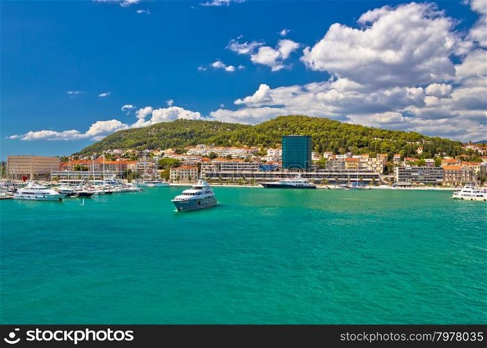 Luxury yachts in colorful Split harbor summer view, Dalmatia, Croatia