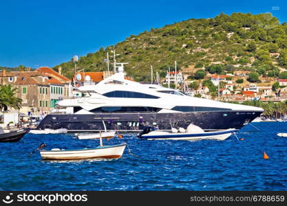 Luxury yachts in Vis harbor summer view, famous tourist destination of Croatia