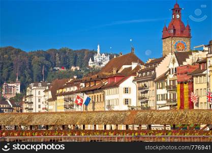 Luzern and Reuss river waterfront and famous landmarks view, beautiful cityscapes of Switzerland