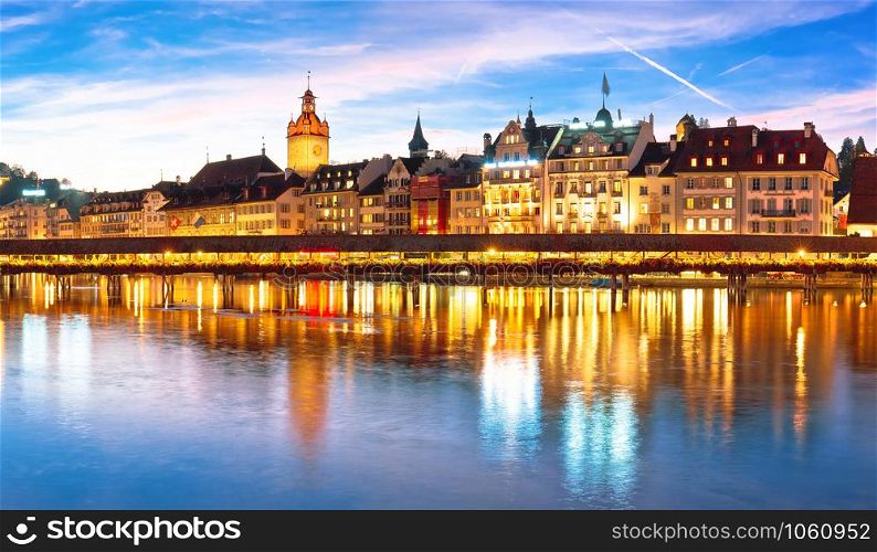 Luzern Kapelbrucke and riverfront architecture famous Swiss landmarks panoramic view, famous landmarks of Switzerland