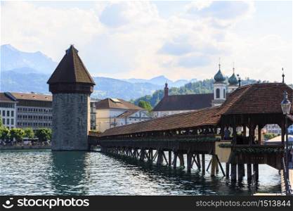 Luzern, Switzerland - May 27, 2017: View at the Chapel bridge over Reuss river in Luzern (Lucerne), Switzerland.