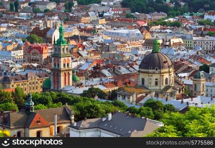 Lviv City in the evening. Central part of the old city of Lvov. Ukraine