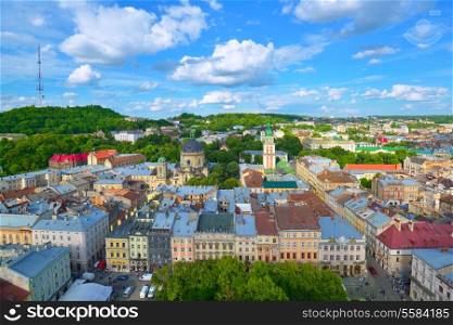 Lviv City skyline. Central part of the old city of Lvov against clouds and the blue sky. Ukraine