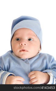 Lying baby boy at blue on a white background