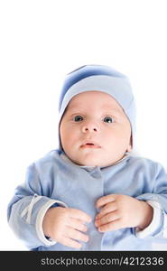 Lying baby boy at blue on a white background