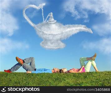 lying couple on grass and dream alladin lamp cloud collage