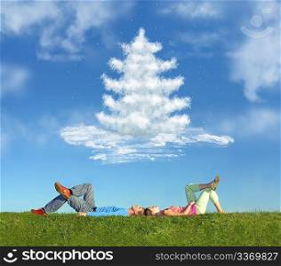 lying couple on grass and dream christmas tree collage