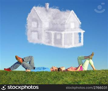 lying couple on grass and dream house collage