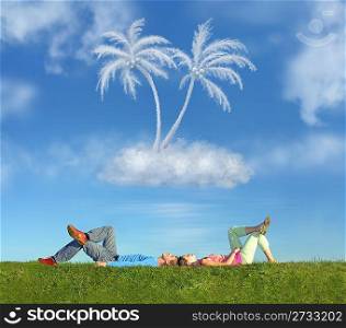 lying couple on grass and dream island collage