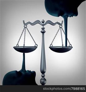 Lying justice concept and committing perjury symbol as a law scale being balanced by the long nose of liers making false statements and lies to the legal system as a metaphor for dishonesty and lack of integrity.