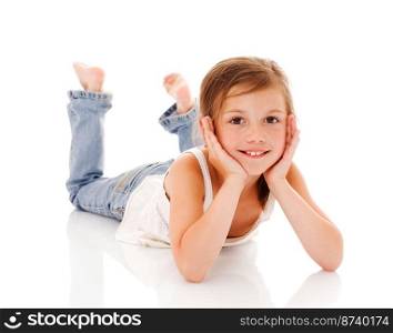 Lying little girl happy portrait isolated on white