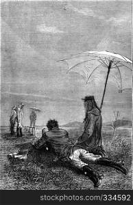 Lying on the ground, vintage engraved illustration. Jules Verne 3 Russian and 3 English, 1872.