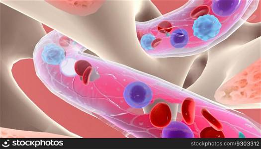 Lymphoblasts invaded and eventually replace healthy bone marrow, preventing the production of blood cells. 3D rendering. Lymphoblasts invaded and eventually replace healthy bone marrow, preventing the production of blood cells.
