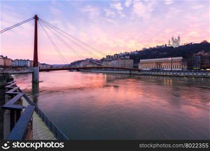 Lyon Notre-Dame de Fourviere Basilica with Saone river in the evening, France