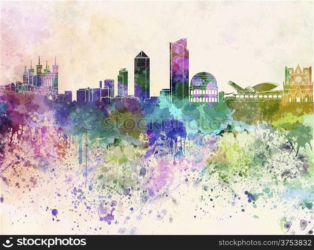 Lyon skyline in watercolor background