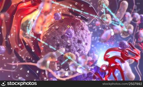 Lysosomes are intracellular organelles that specialize in breaking down cellular waste. 3D illustration. Intercellular connections, structures that provide adhesion and communication be