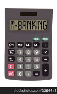 m-banking on display of an old calculator on white background